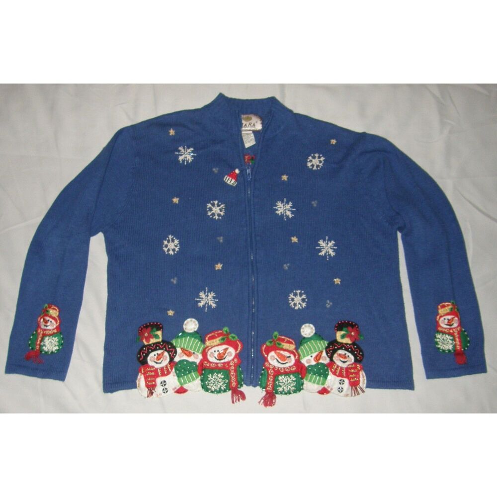 Vintage Sz XL Blue Beaded Sequined Snowman Holiday Stretchy Full Zip Sweater